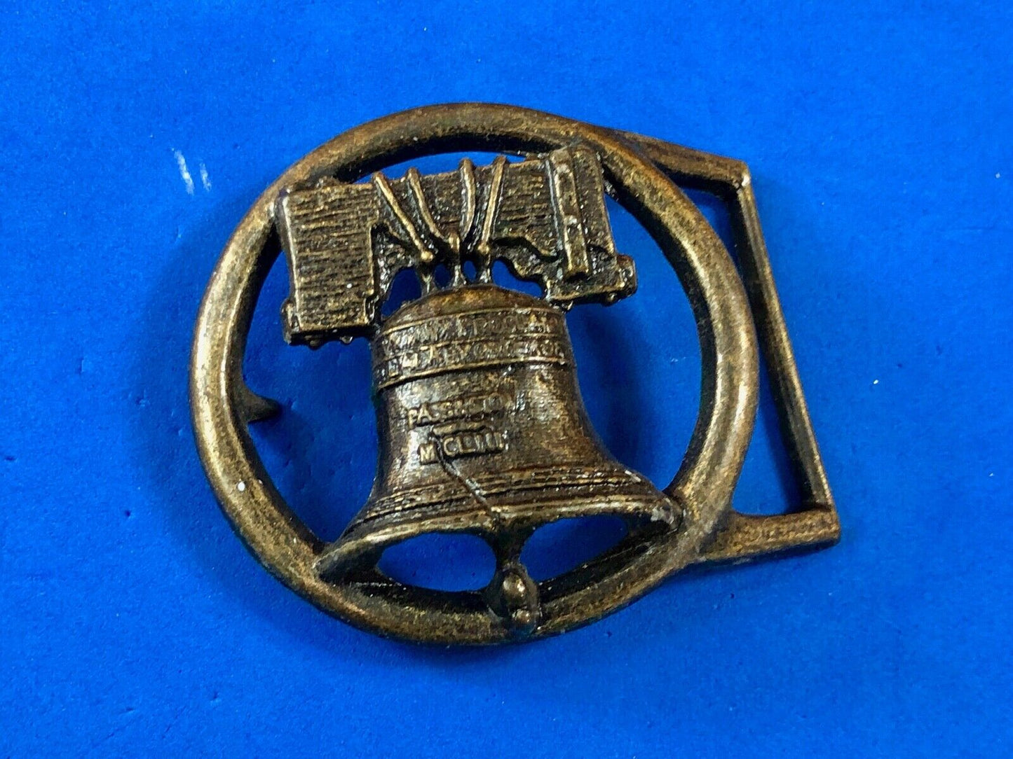 Vintage Figural Cut out Round Skeleton Liberty Bell Belt Buckle 