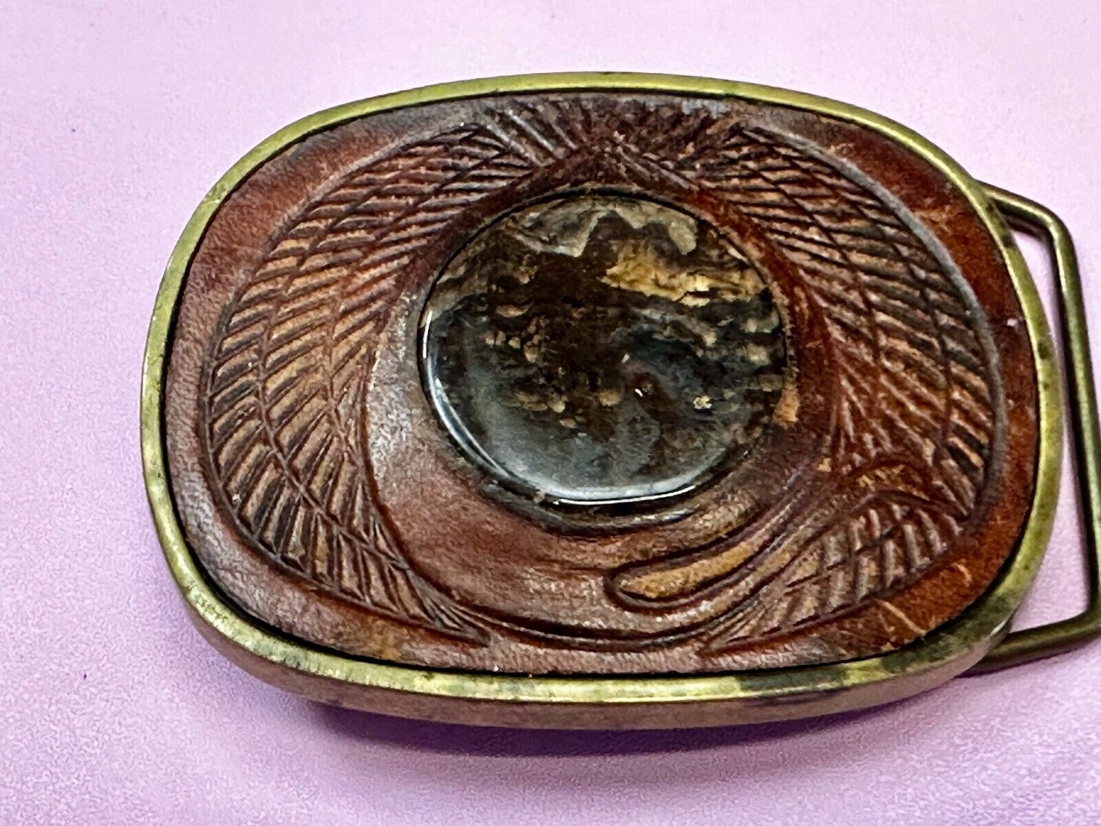Unique Leather and Solid Brass Round Centerpiece Vintage Belt Buckle by Baron
