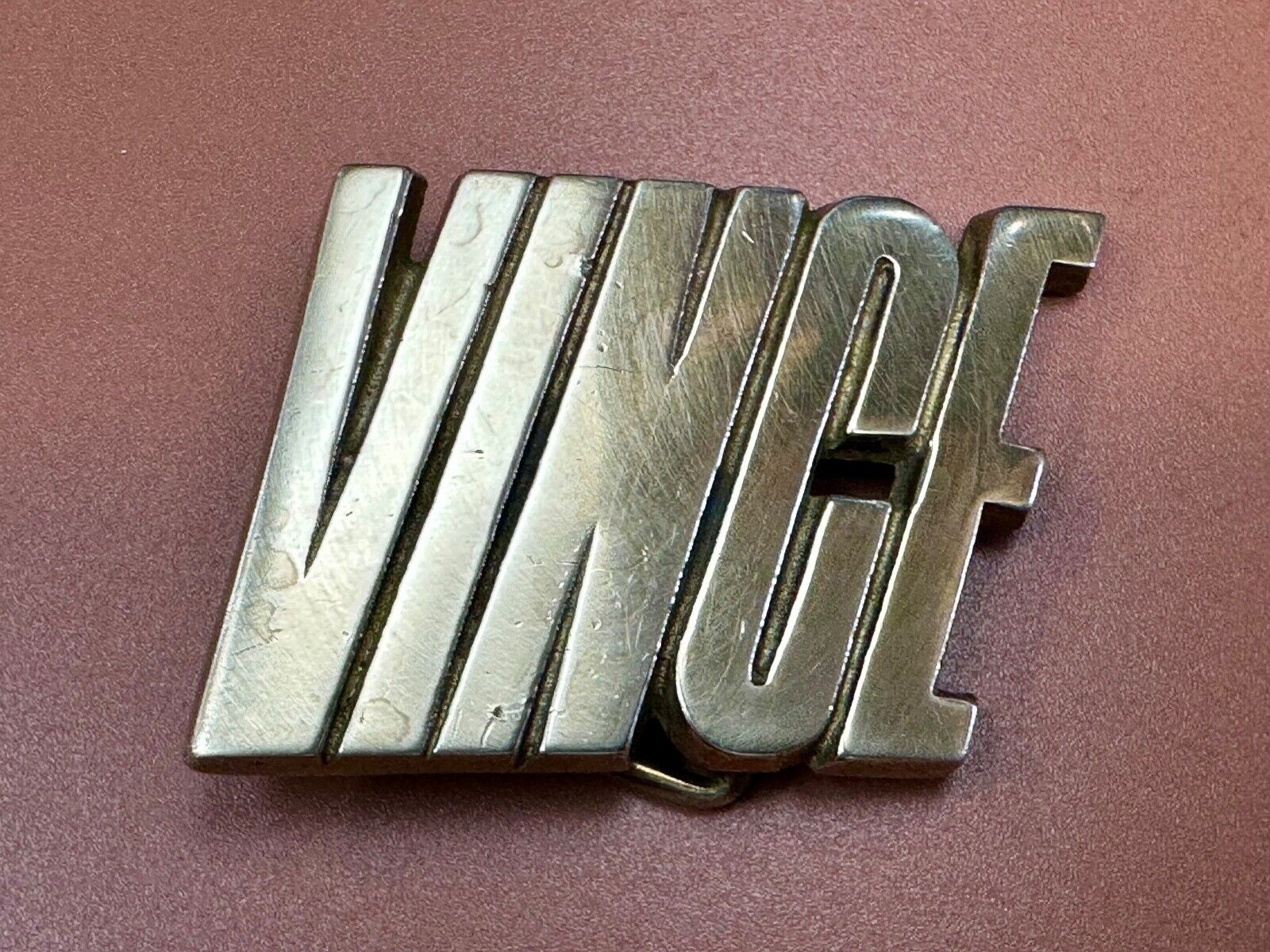 VINCE  custom name cutout block letter solid brass belt buckle by Baron Buckles