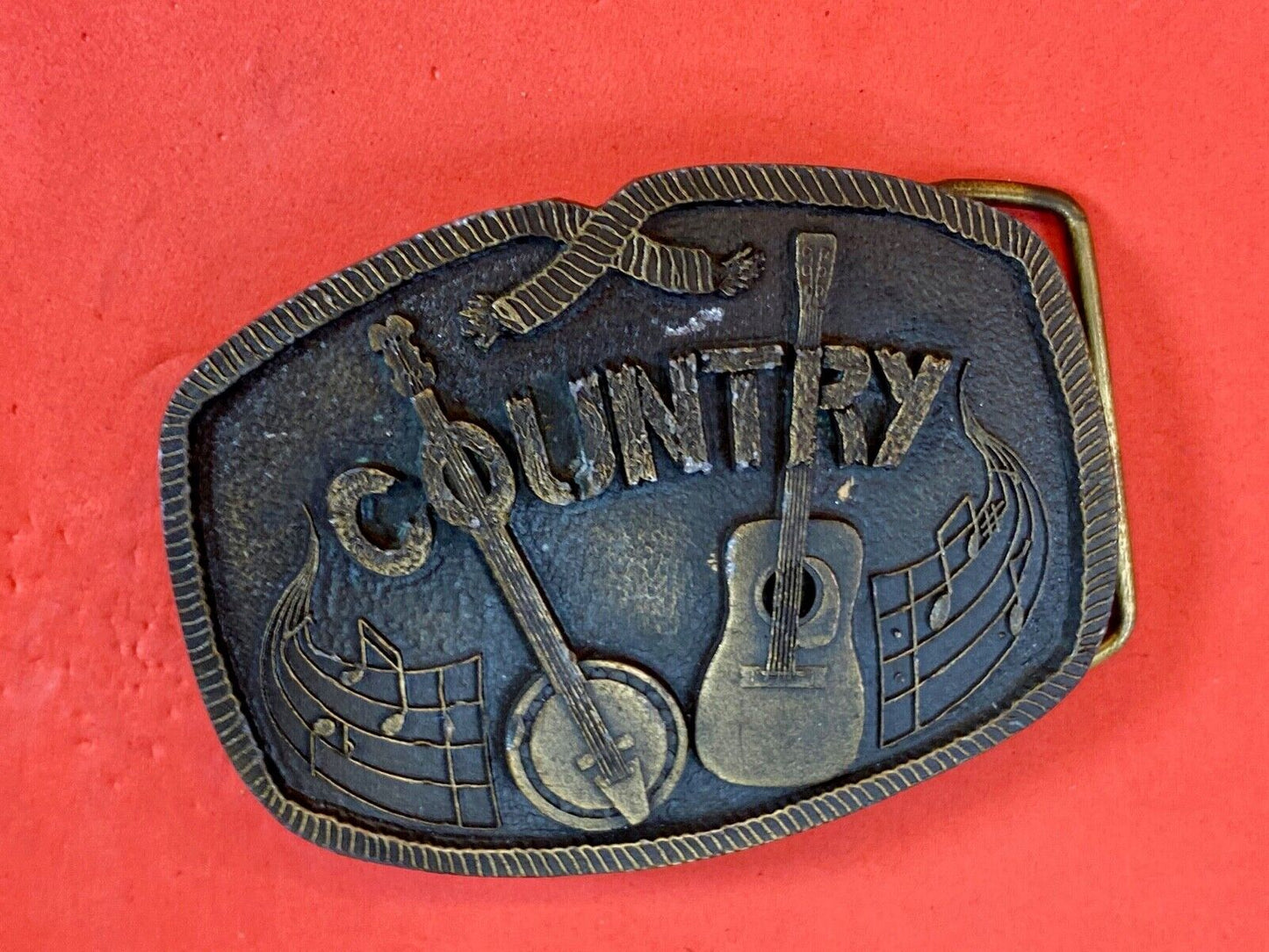 Vintage 1976  Brass Tone Country Music Belt Buckle Banjo And Acoustic Guitar 