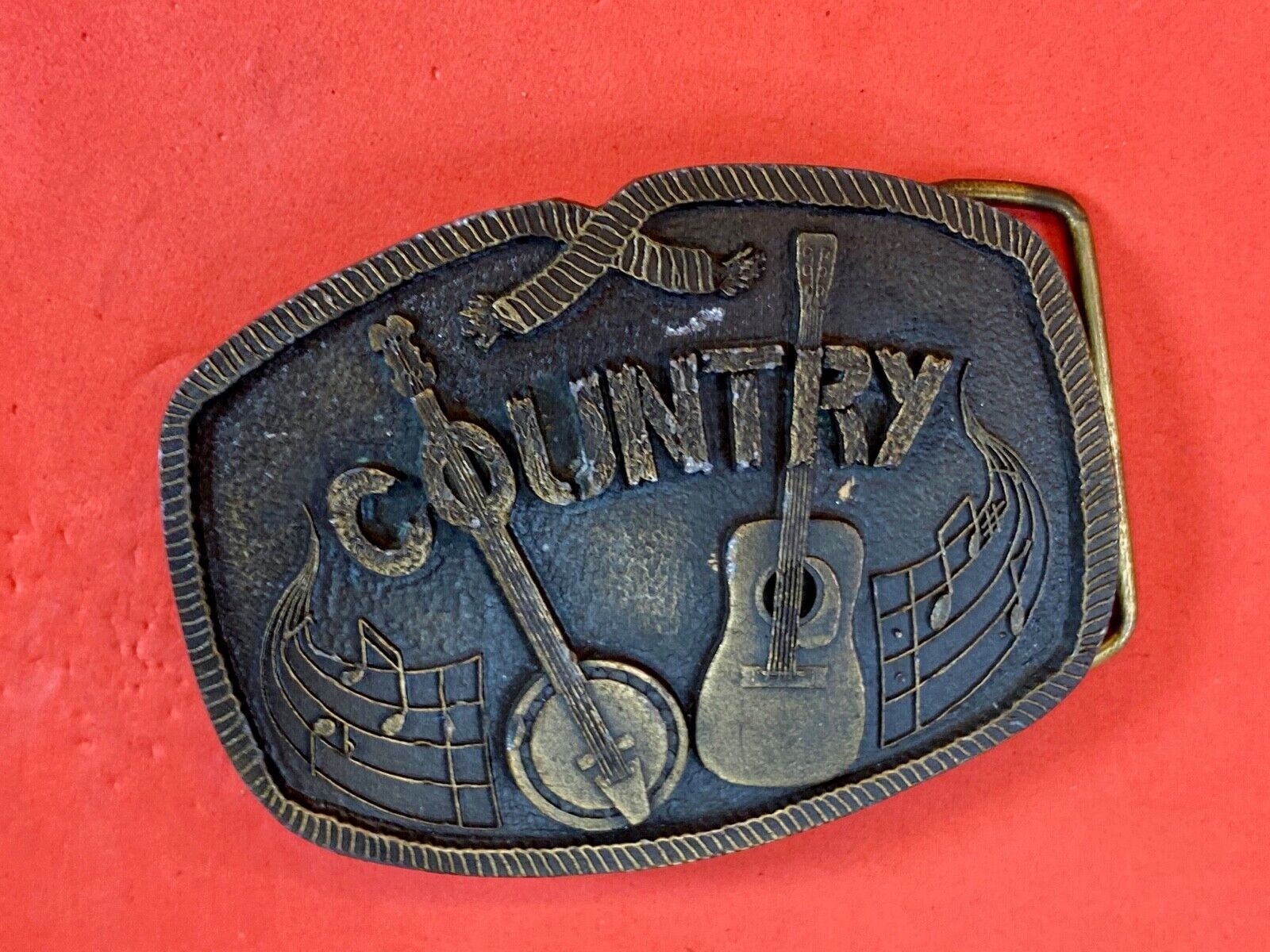Vintage 1976  Brass Tone Country Music Belt Buckle Banjo And Acoustic Guitar 
