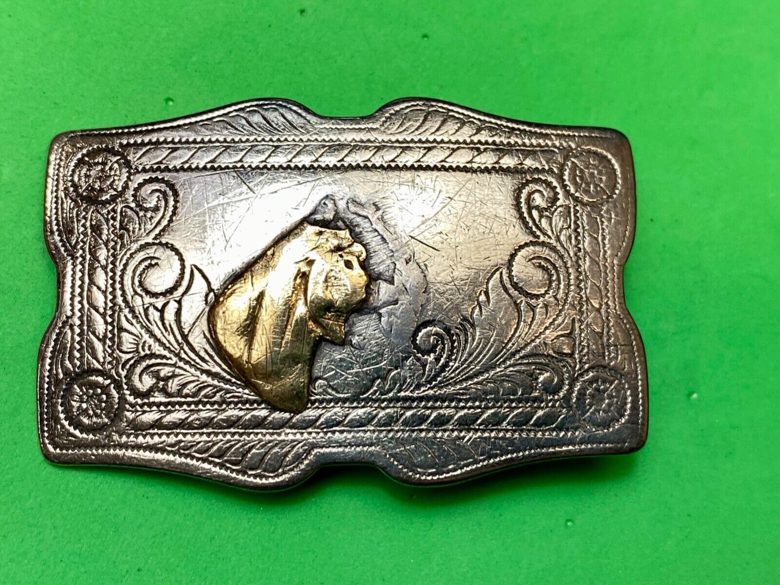 Vintage beat up nickel silver belt buckle missing some of a horse head!  REPAIR