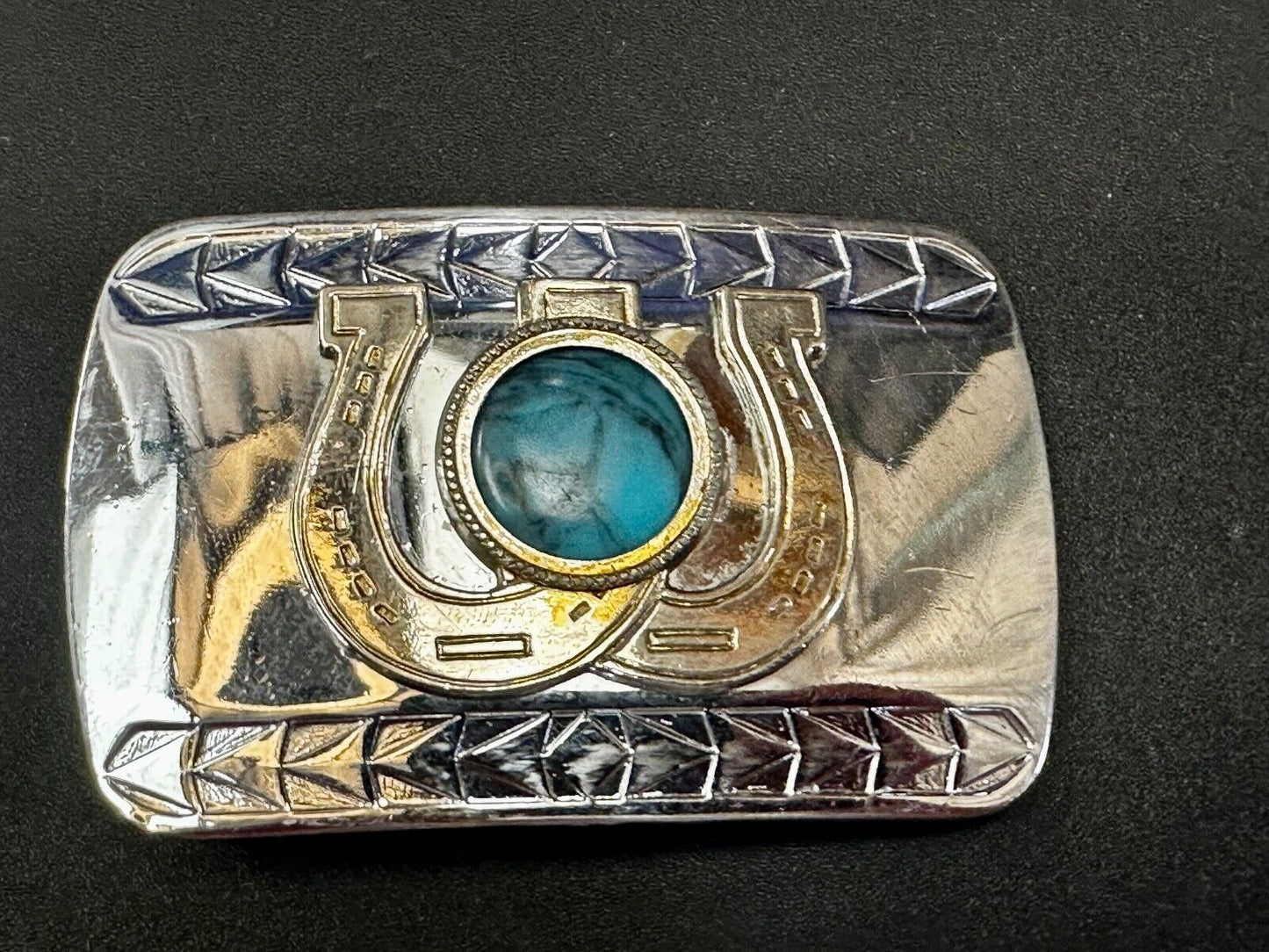 Turquoise Stone centerpiece Western Belt Buckle w/Lucky Dual Horseshoe Surround