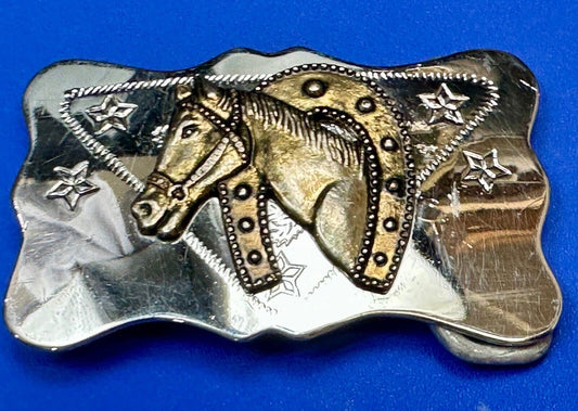 Vintage Horse head through horseshoe on reflective two tone belt buckle