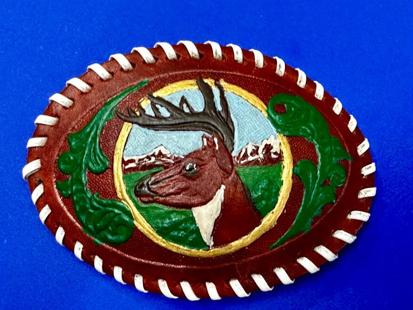 Artisan Leather Deer hand stitched large Vintage Belt Buckle