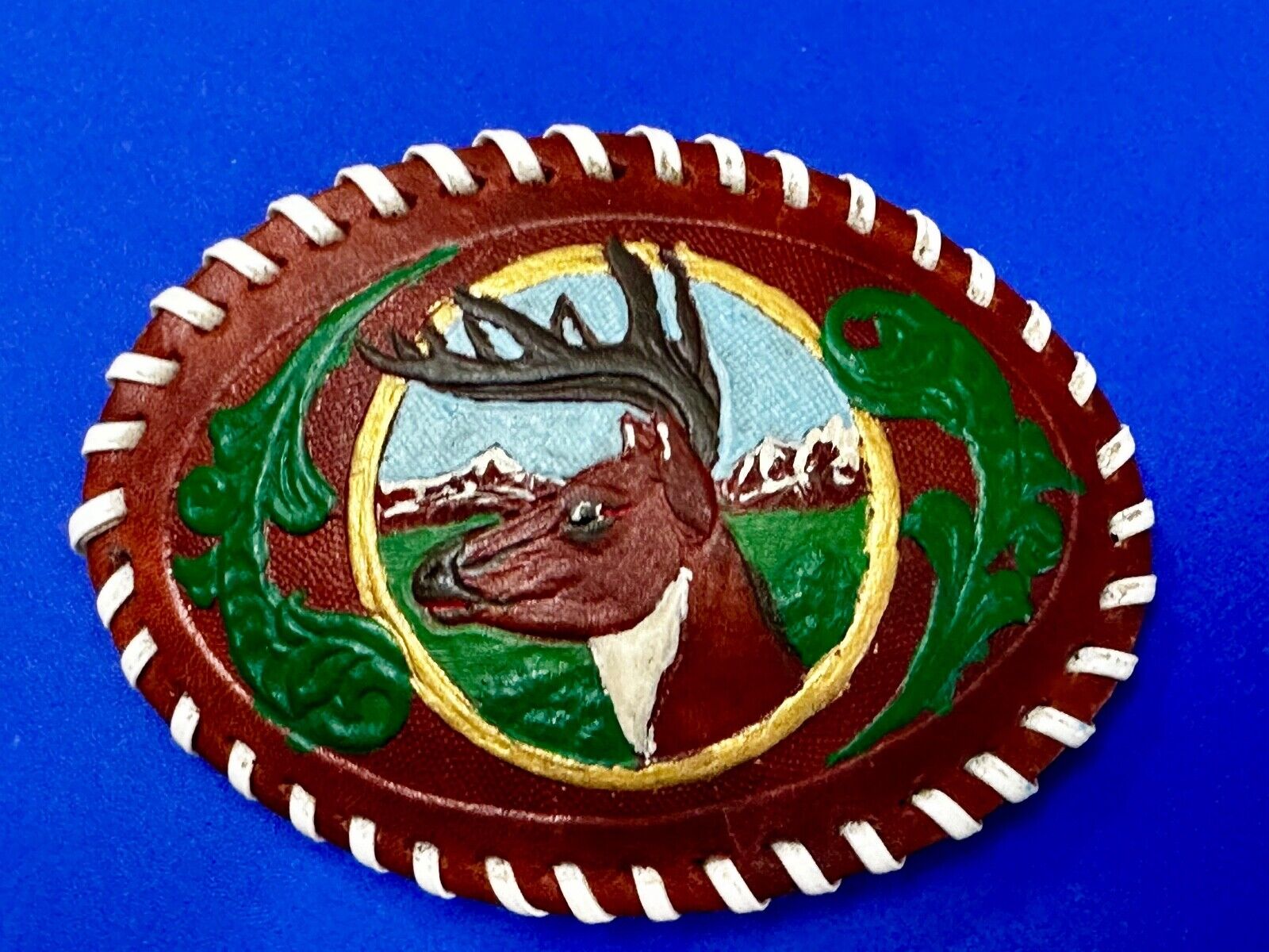 Artisan Leather Deer hand stitched large Vintage Belt Buckle
