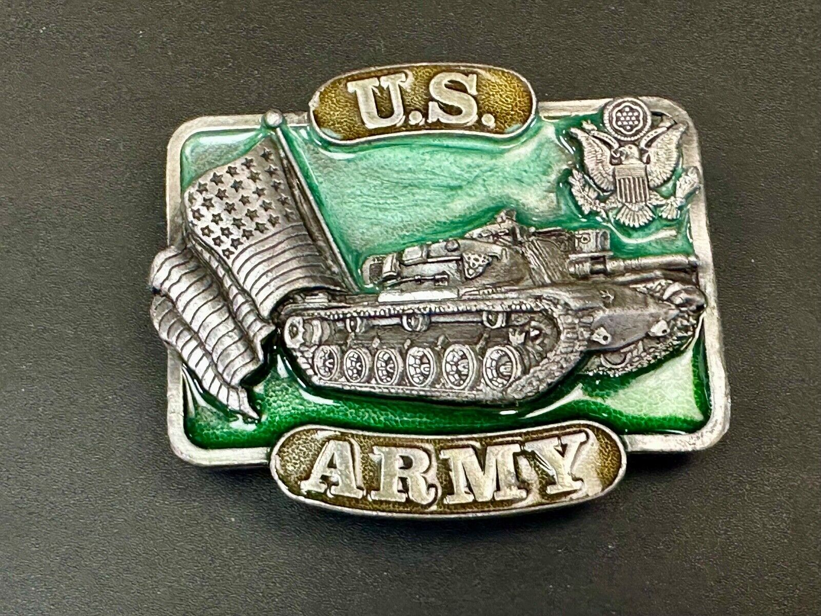 U.S. Army Belt Buckle Tank Flag vintage 1982 Bergamot Brass Works K-32