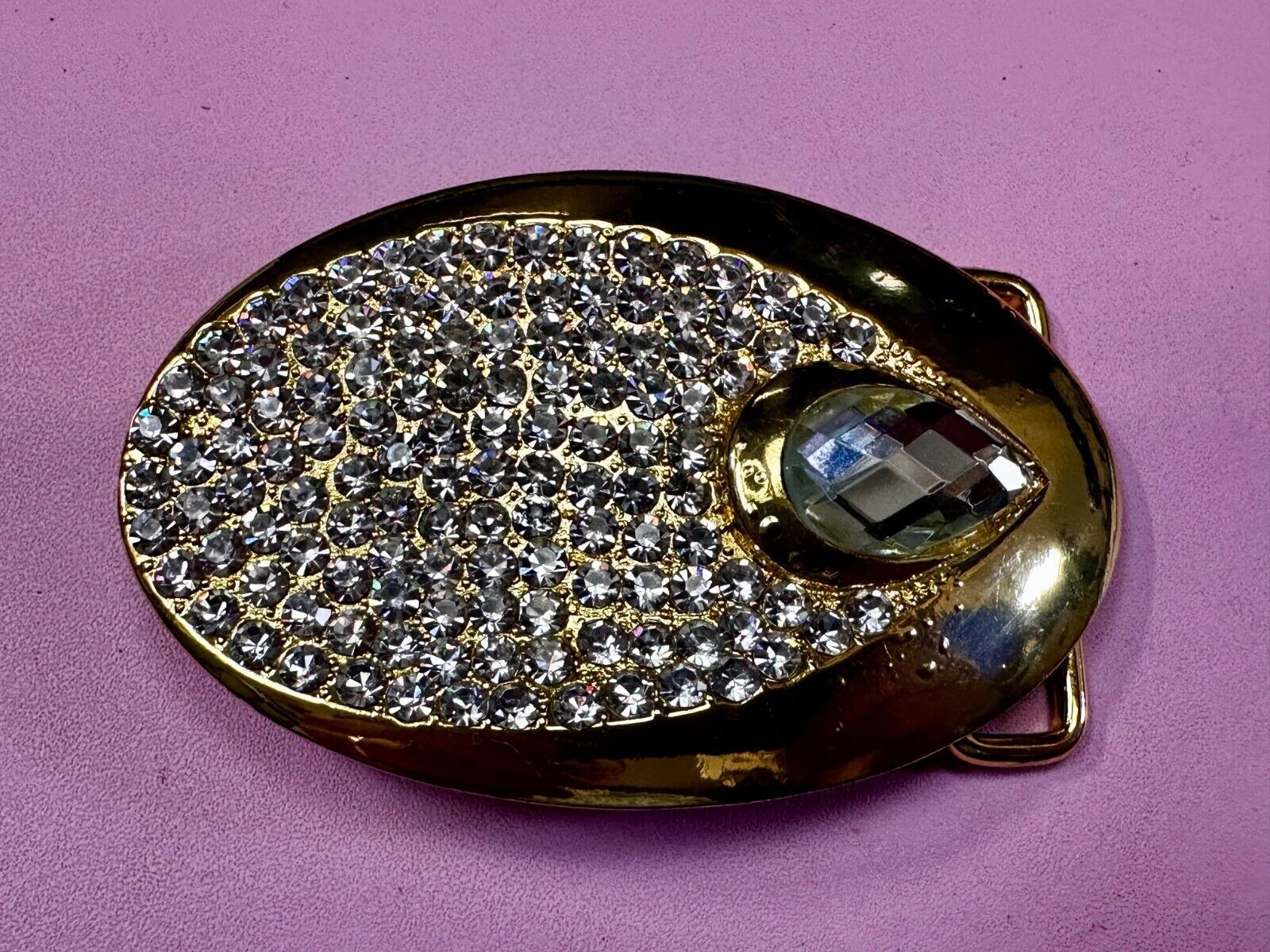 Beautiful Stylish Clear Rhinestone Covered Gold Tone Designer Oval Belt Buckle