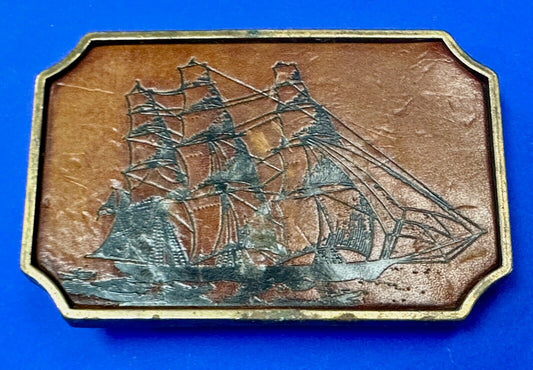 Three mast Sail Boat Ship Nautical theme leather and solid brass BTS belt buckle