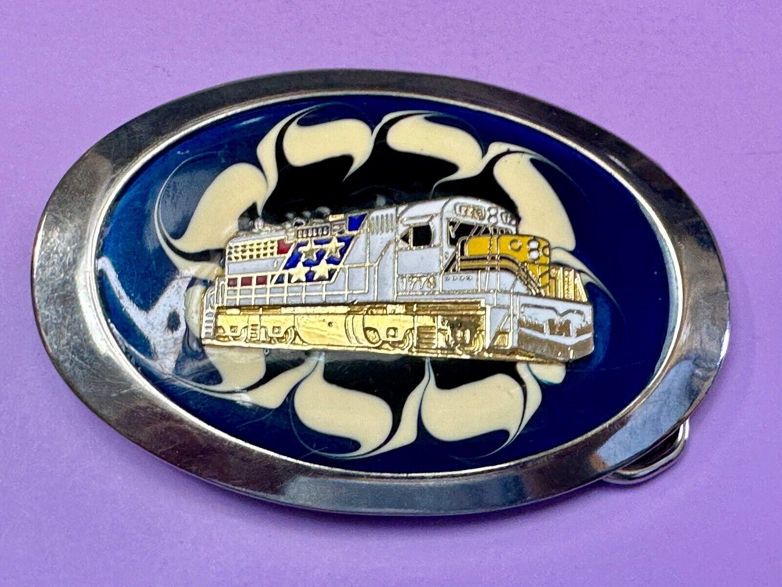 Artisan Trail Car Engine on retro swirl background Vintage Oval Belt Buckle