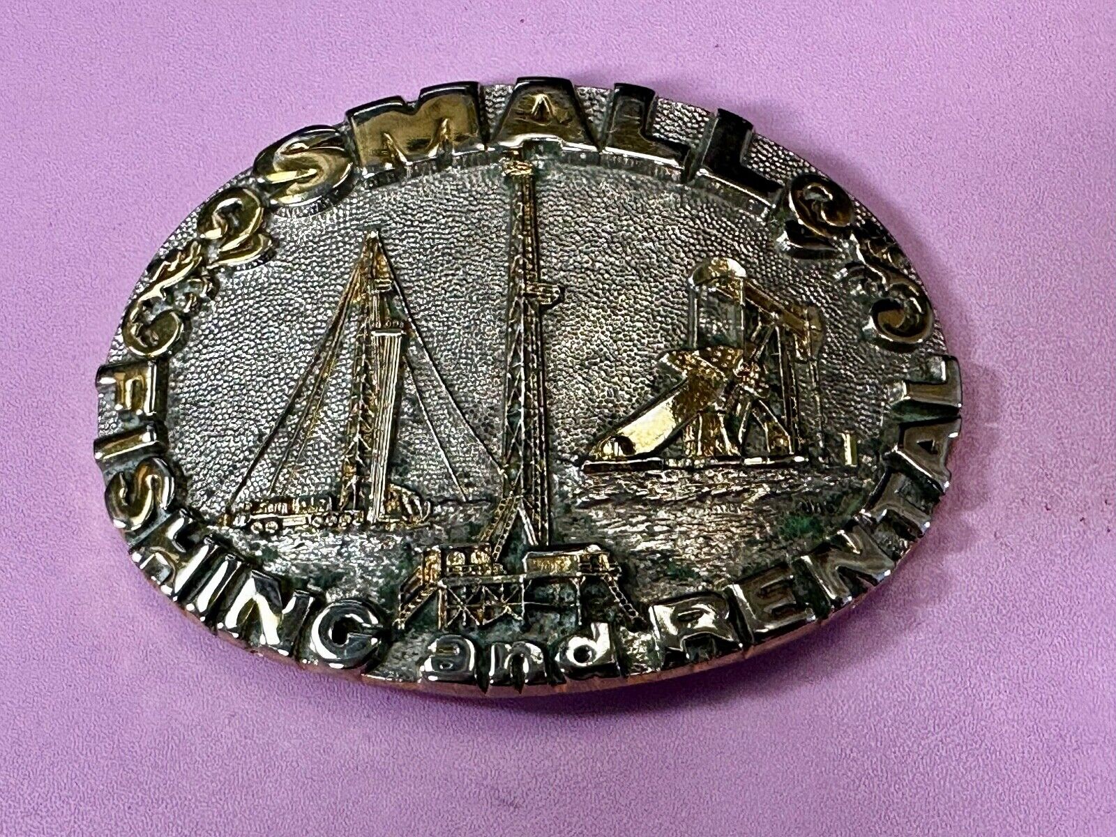 2 Small Fishing And Rental 24K Gold Plated Off Shore Oil Rig Belt Buckle By Adm