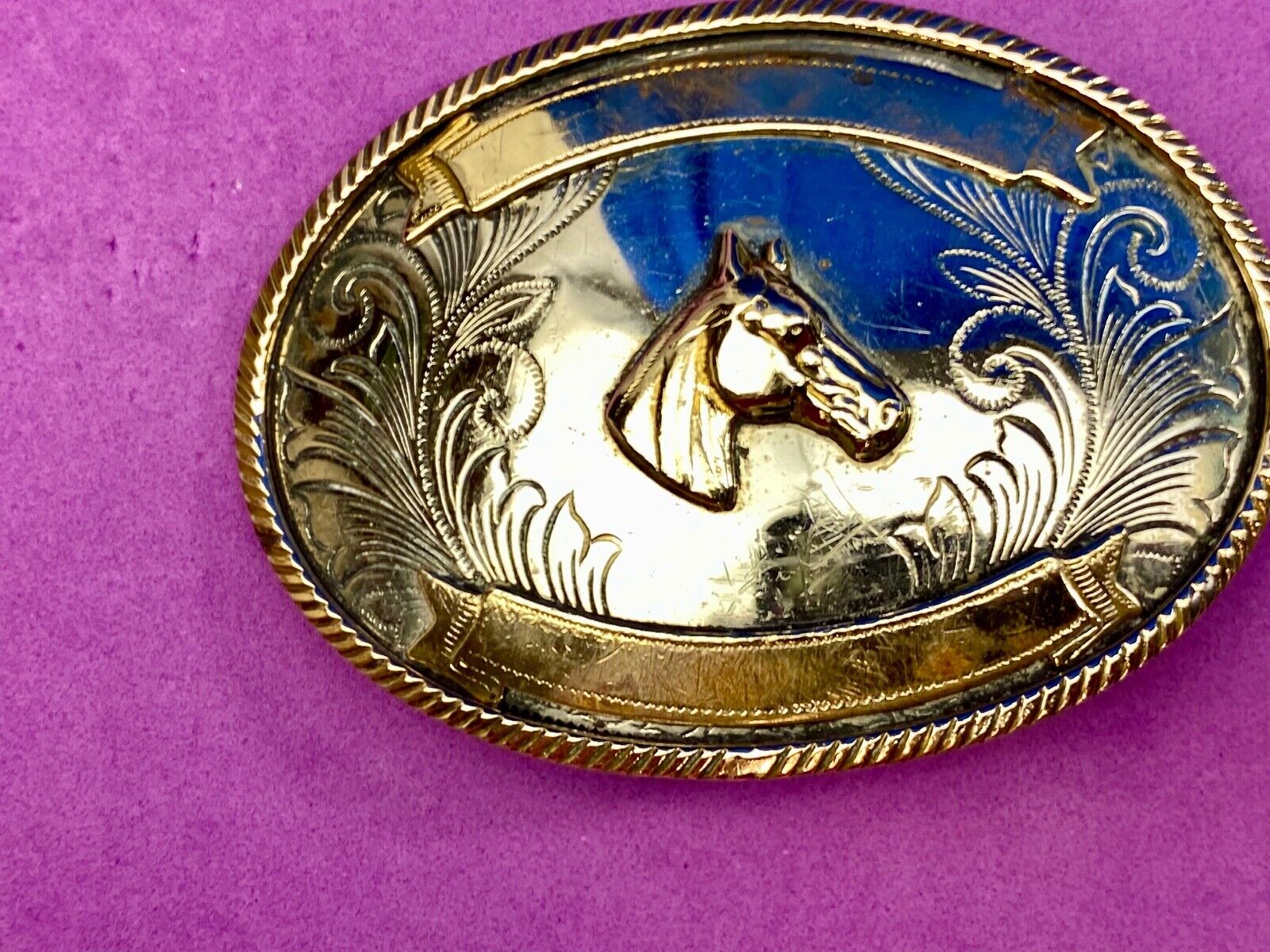 Beautiful Belt Buckle - Horse head bust made of German Silver with award scroll 