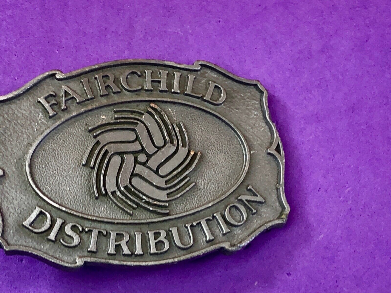 Vintage Fairchild Distribution company logo promotional belt buckle 