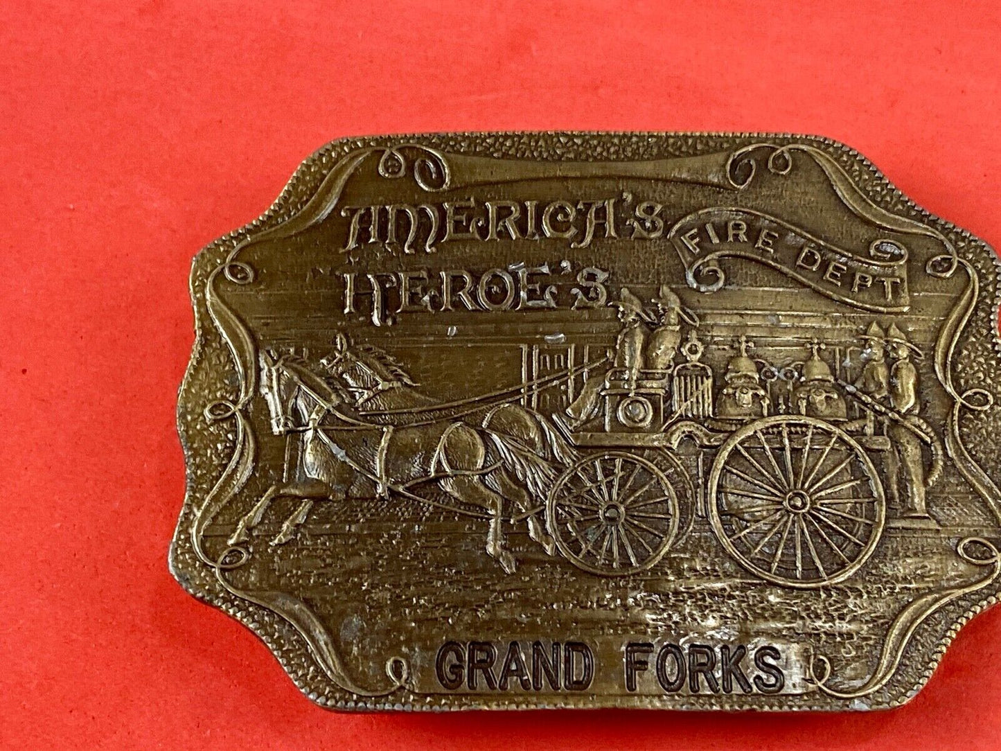 America’s Heroes FIRE DEPT Grand FORKS Fire Fighters belt buckle bottle opener