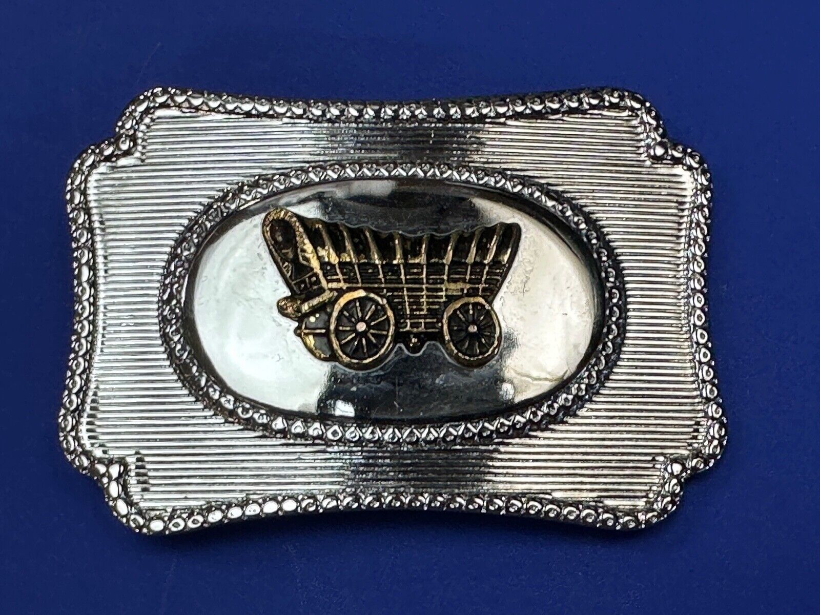 Vintage Horse Drawn Covered wagon on western two tone belt buckle