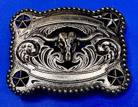 Texas Longhorn Steer / Corner Stars - Engravable Blank Award Scroll Belt Buckle