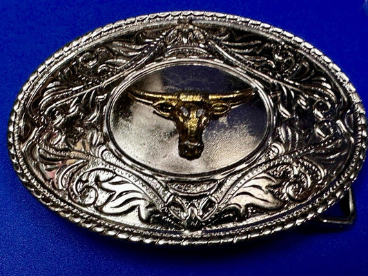 Texas Longhorn Vintage Ornate Cowboys Cowgirls Western Two Tone Belt Buckle