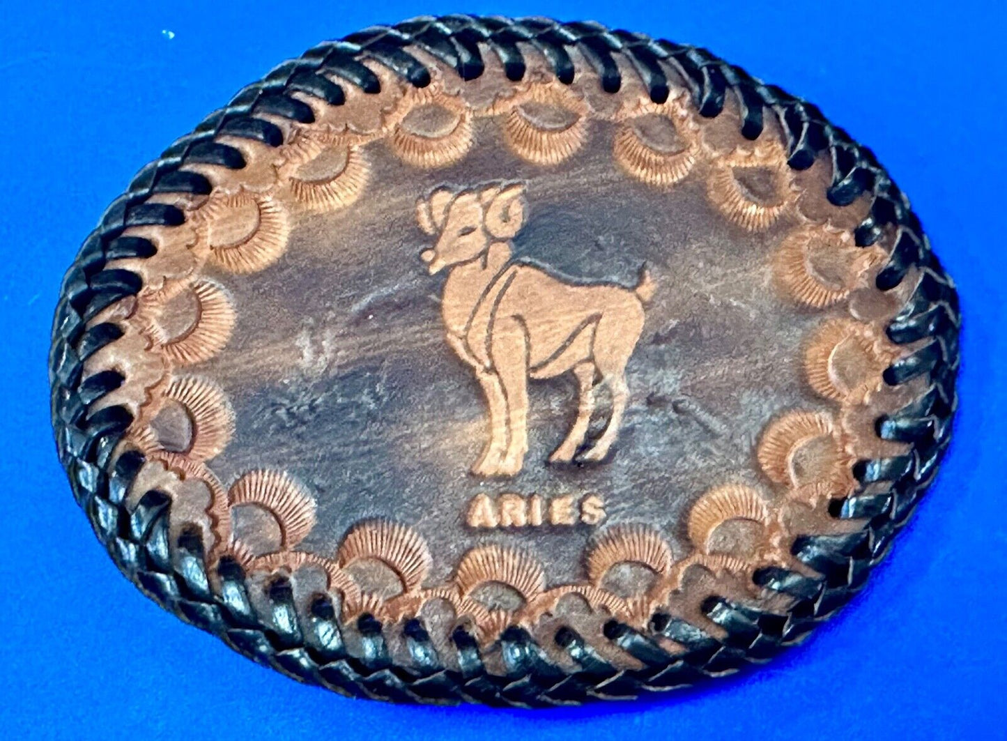 Aries Leather Oval Astrology Belt Buckle Vintage Hand Stitched Tooled Ram Horns
