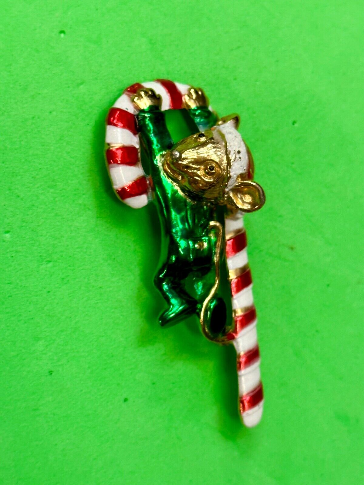 AJC signed MOUSE on Candy Cane Holliday Pin /  Brooch