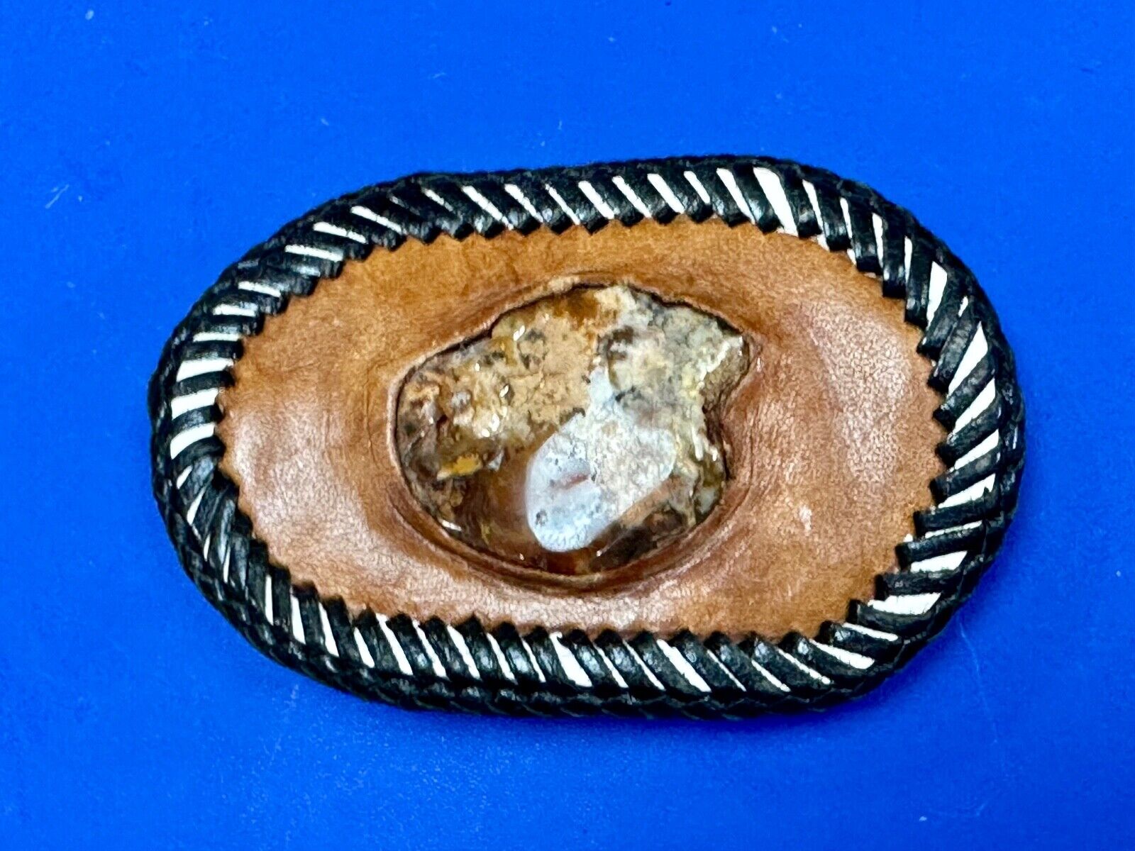 Vintage leather & stone? hand stitched belt buckle