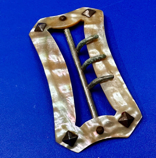 Three Prong Antique Vintage Mop Mother Of Pearl 3" Wide Belt Buckle