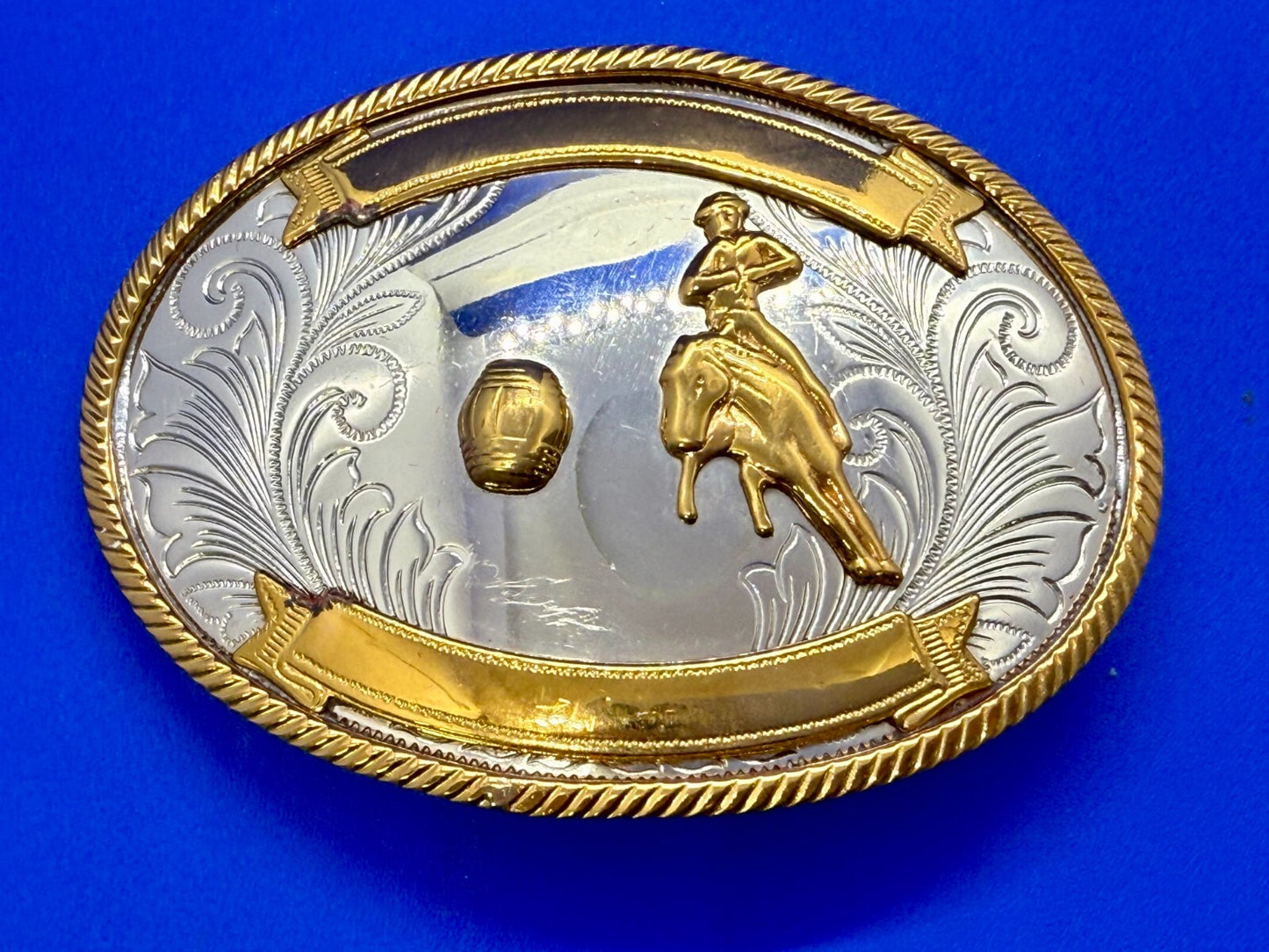 Vintage Barrel Racing Trophy Award Blank Ribbon Vtg. German Silver Belt Buckle