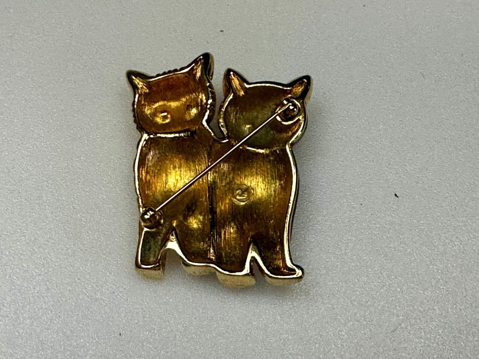 Two Sitting Cats Green Eyes, Black & Gold Kittens Brooch Pin Signed Swarovski