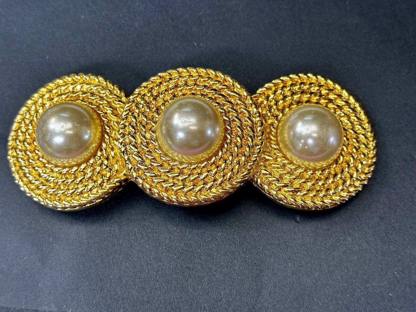 Three Round Faux Pearl's HUGE Statement Large Gold Tone Vintage Belt Buckle