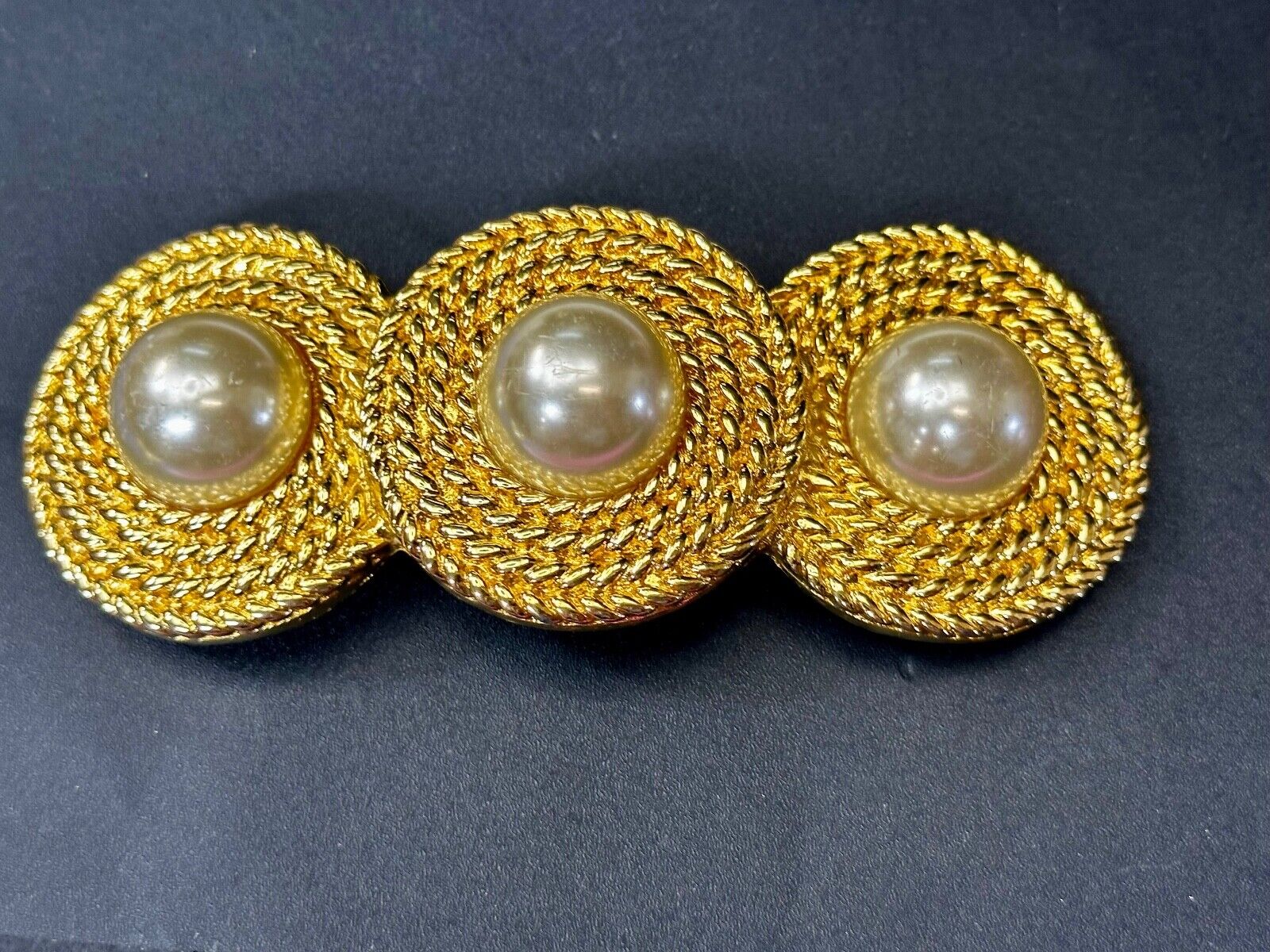 Three Round Faux Pearl's HUGE Statement Large Gold Tone Vintage Belt Buckle