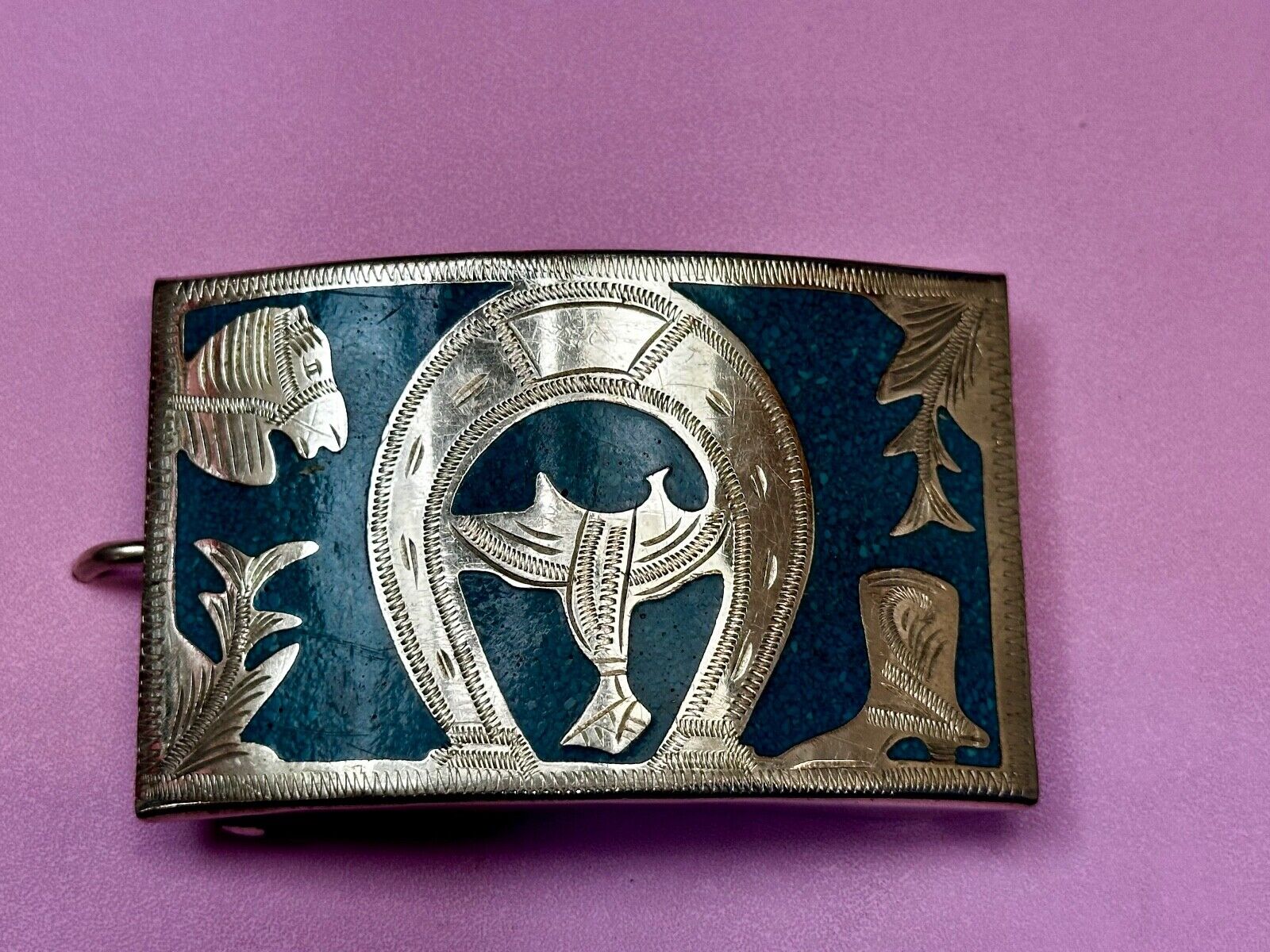 Turquoise Inlaid  Western Horse Cowboy Horseshoe Belt Buckle Stamped Alpaca