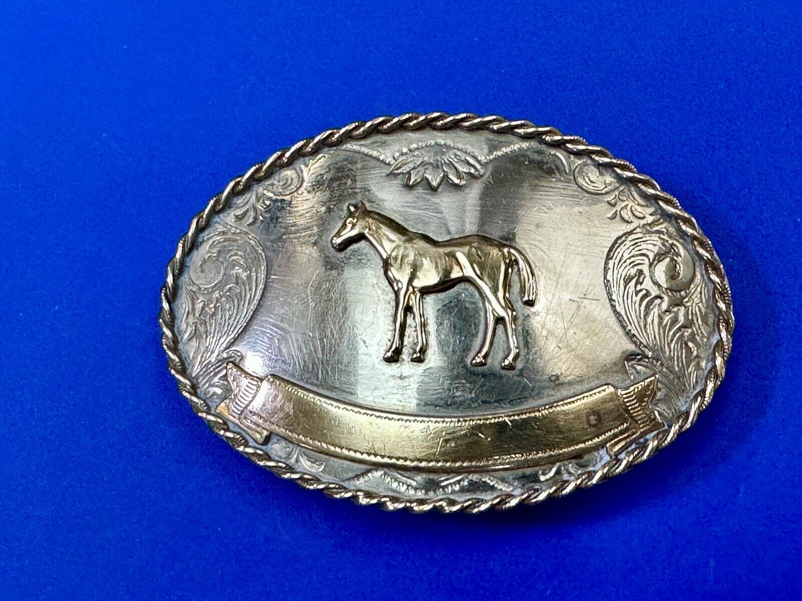 Vintage German Silver Standing Horse Engravable Trophy Award scroll belt buckle