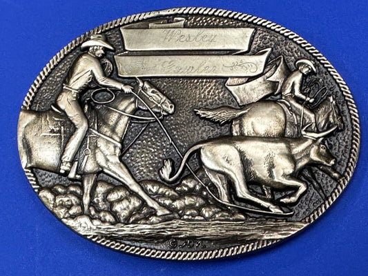 The Cattle Drive Western Rodeo Cowboys engraved award ribbon scroll belt buckle