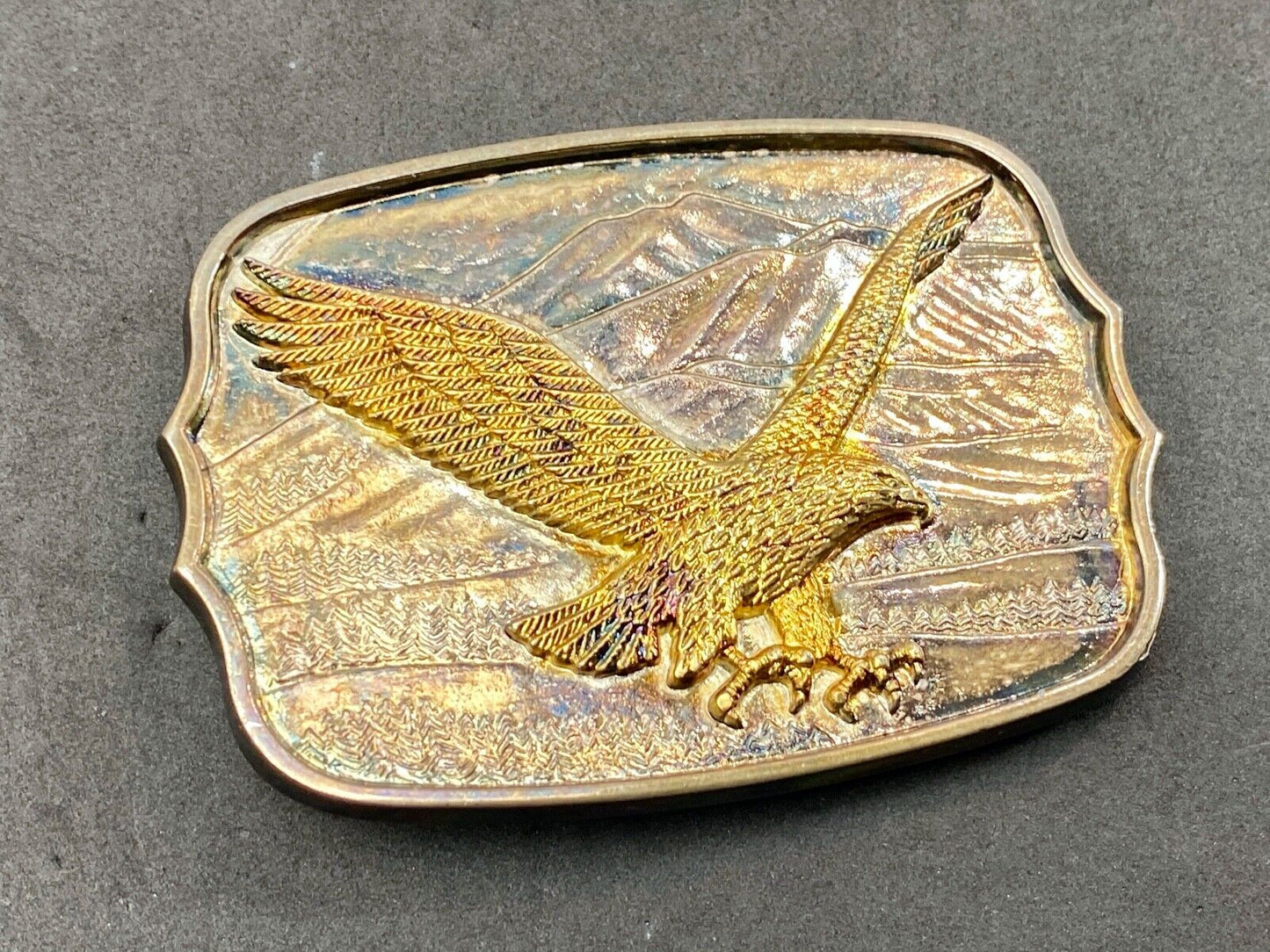 Vintage Gold & Silver Tone Flying American Eagle Mountains numbered Belt Buckle