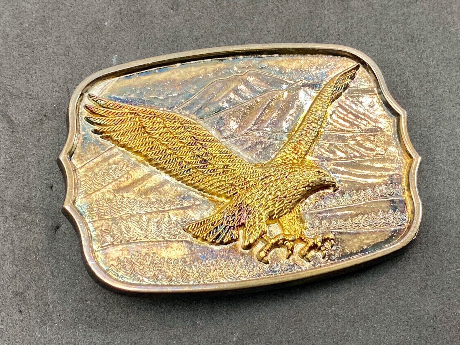 Vintage Gold & Silver Tone Flying American Eagle Mountains numbered Belt Buckle