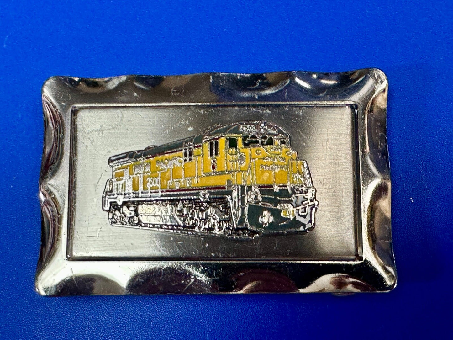 Union Pacific Yellow Train Rail Road Steam Engine Silver Tone Vtg. Belt Buckle