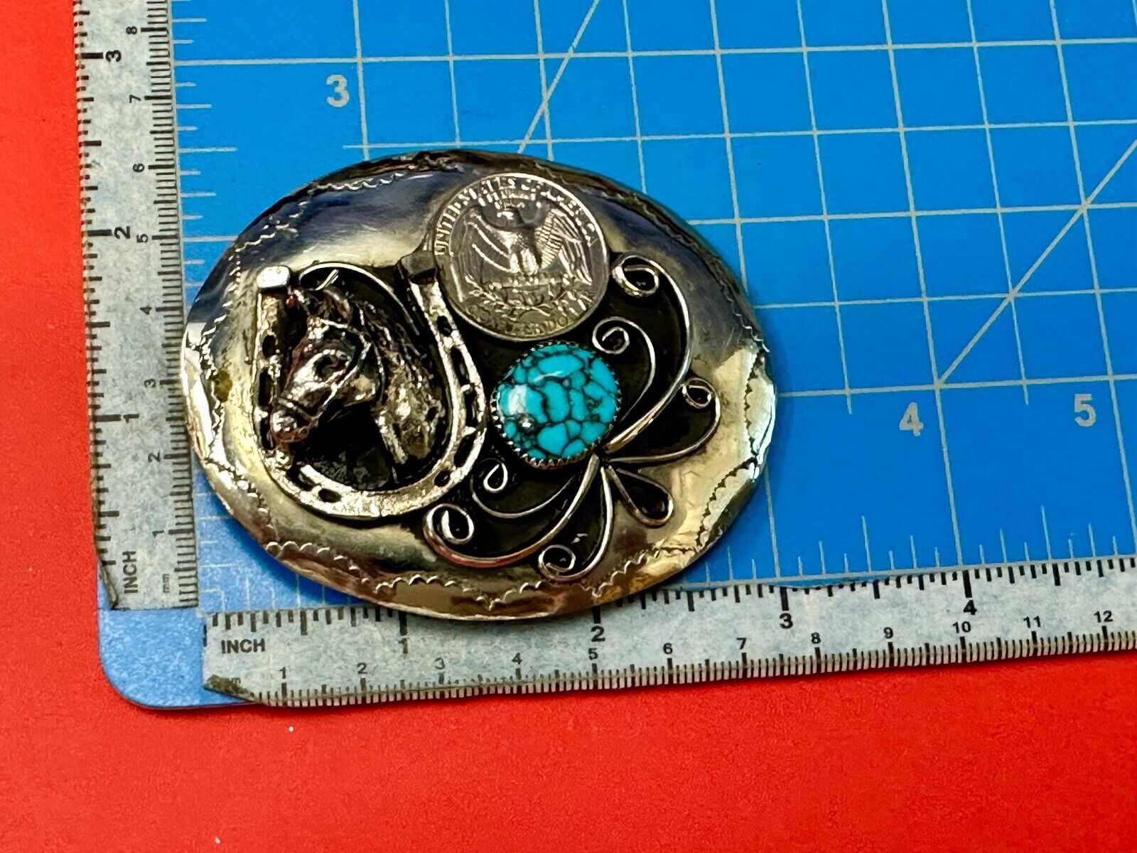 Turquoise Stone Horse Head & Shoe, Quarter Coin Southwestern belt buckle