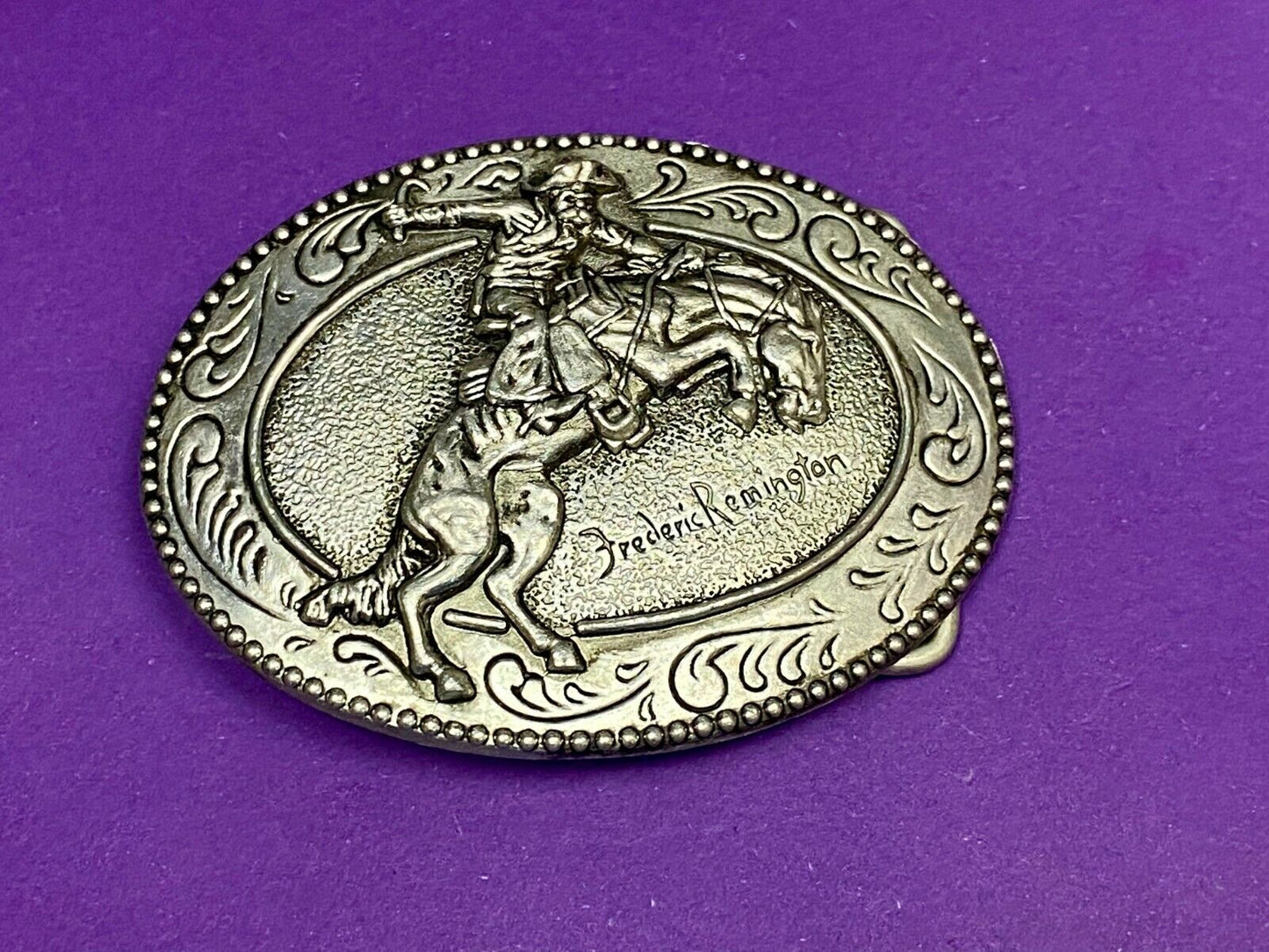 An Indian Trapper Frederick Remington Cowboy Horse Vintage Belt Buckle