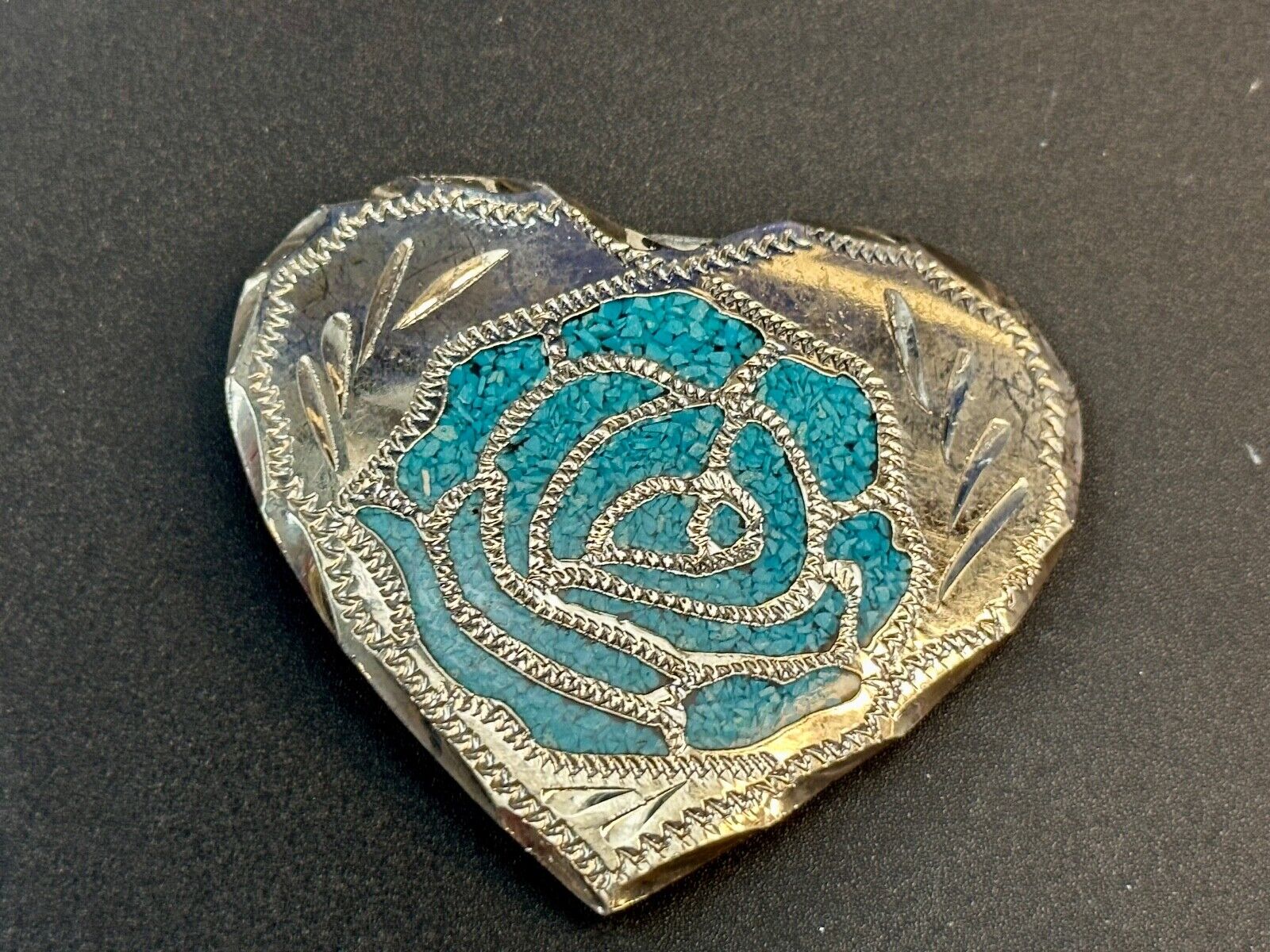 Turquoise inlaid rose flower to 3" wide heart shaped engraved swirl belt buckle