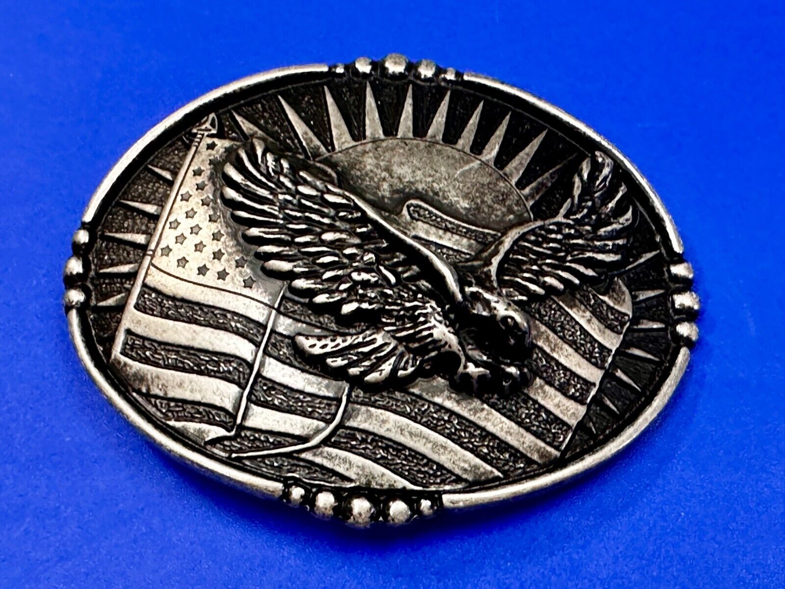 American Flying Eagle Flag Stars Stripe Sun Silver Color Patriotic Belt Buckle