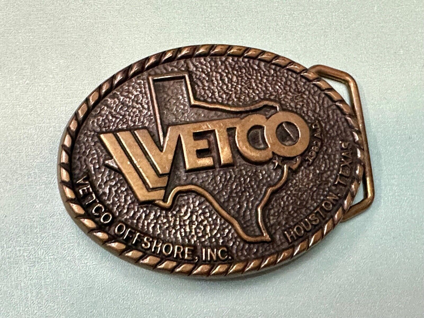 VETCO Houston Texas OffShore Inc animal health Vintage solid brass belt buckle