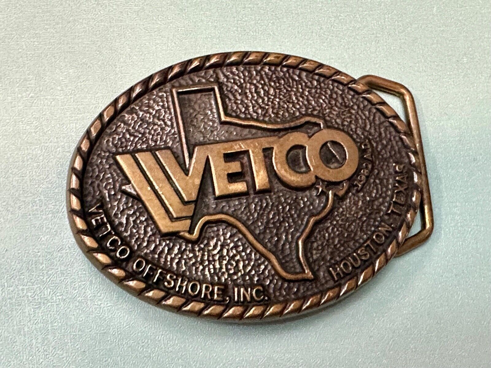 VETCO Houston Texas OffShore Inc animal health Vintage solid brass belt buckle
