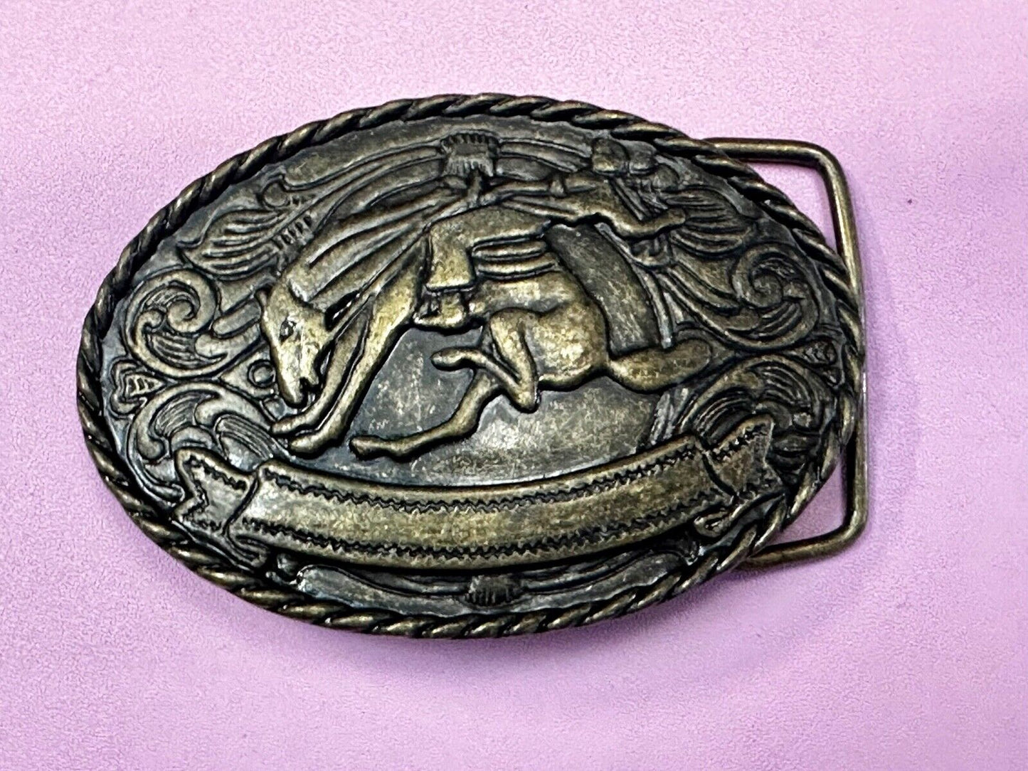 Abstract Vintage Cowboy Saddle Bronc western belt buckle with award ribbon