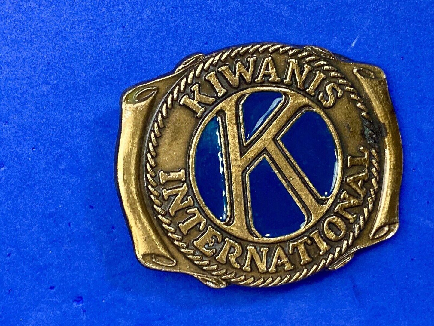 Vintage Kiwanis Club international blue enamel cut out belt buckle 