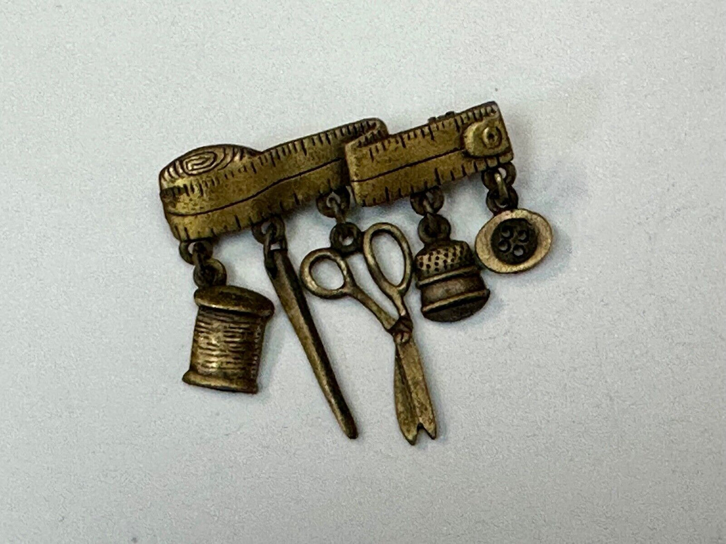 Sewing needle thread dangle charms JJ Signed vintage pewter brooch pin