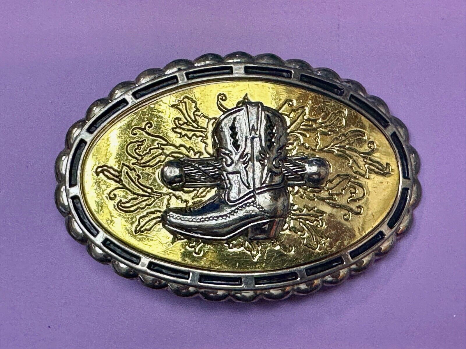 Unique Single Cowboy Boot - vintage yellow background western belt buckle