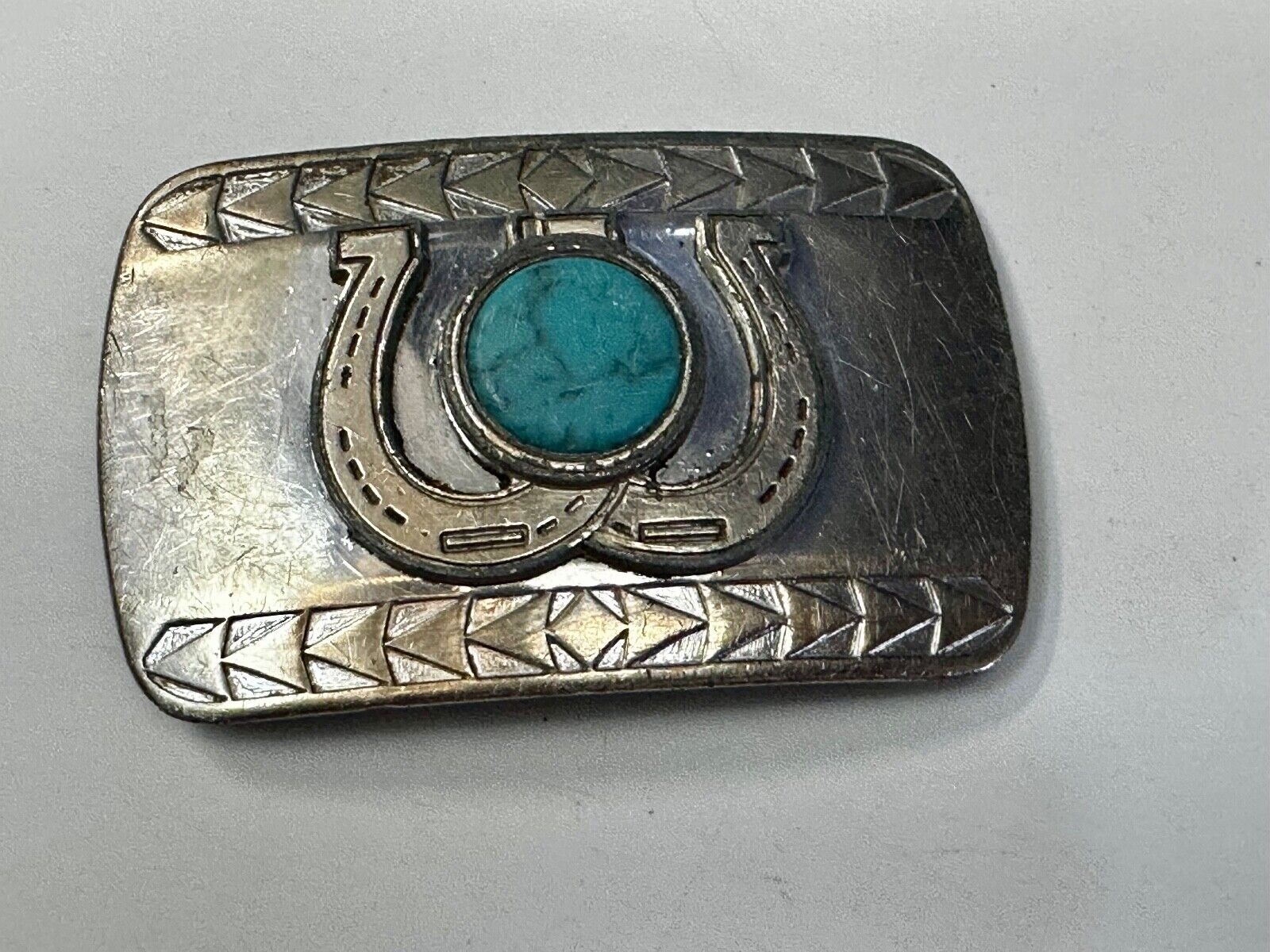 Turquoise Stone centerpiece Western Belt Buckle w/Lucky Dual Horseshoe Surround