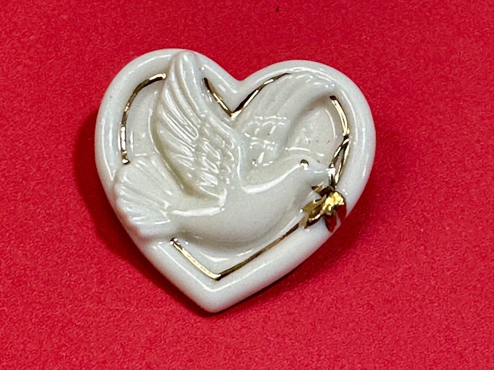Vintage Lenox Heart Shaped Brooch with Peace Dove & Olive Branch, Gold Trim