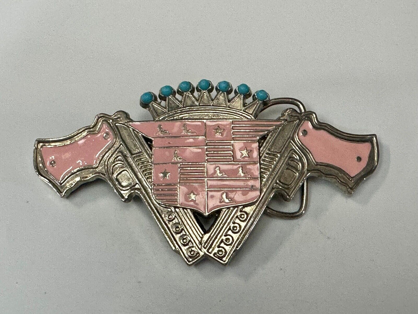 90's Pink Guns Cadillac Crown Blue crown tips LARGE cutout Belt Buckle 187 Inc