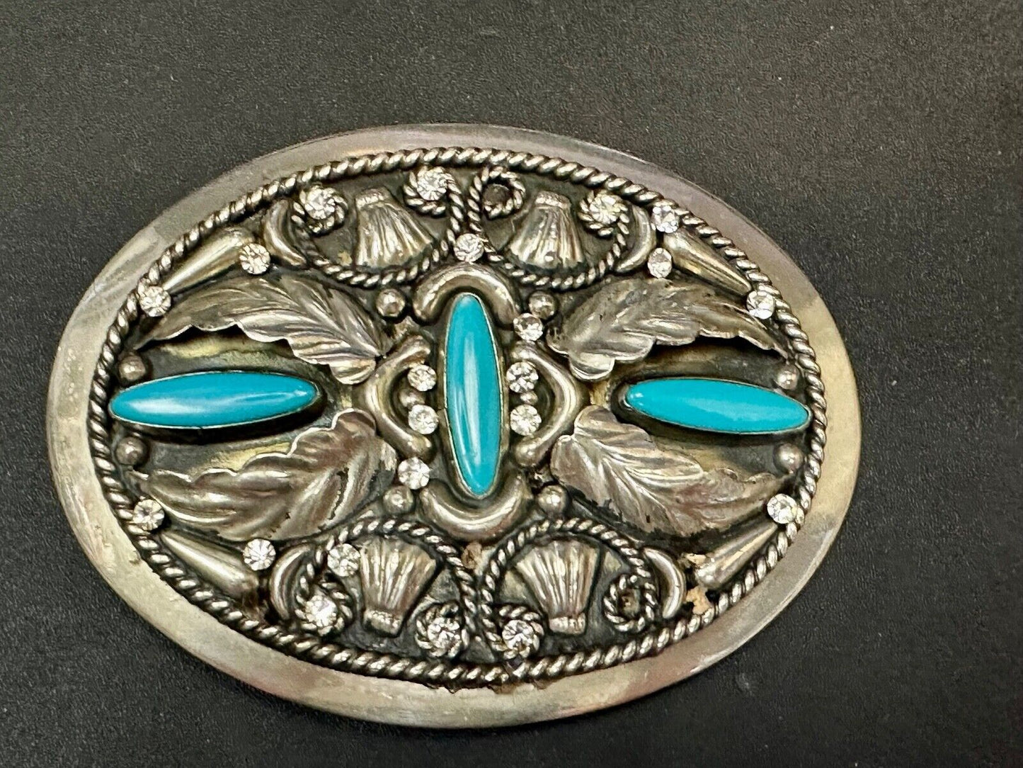 Vintage Faux Turquoise and Feather's Beautiful Alpaca Mexico Stamped Belt Buckle