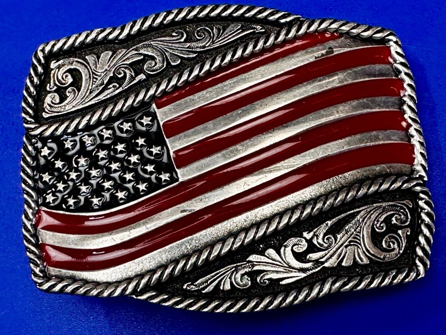 Patriotic American Flag USA Flower Swirl Western Belt Buckle Montana Silversmith